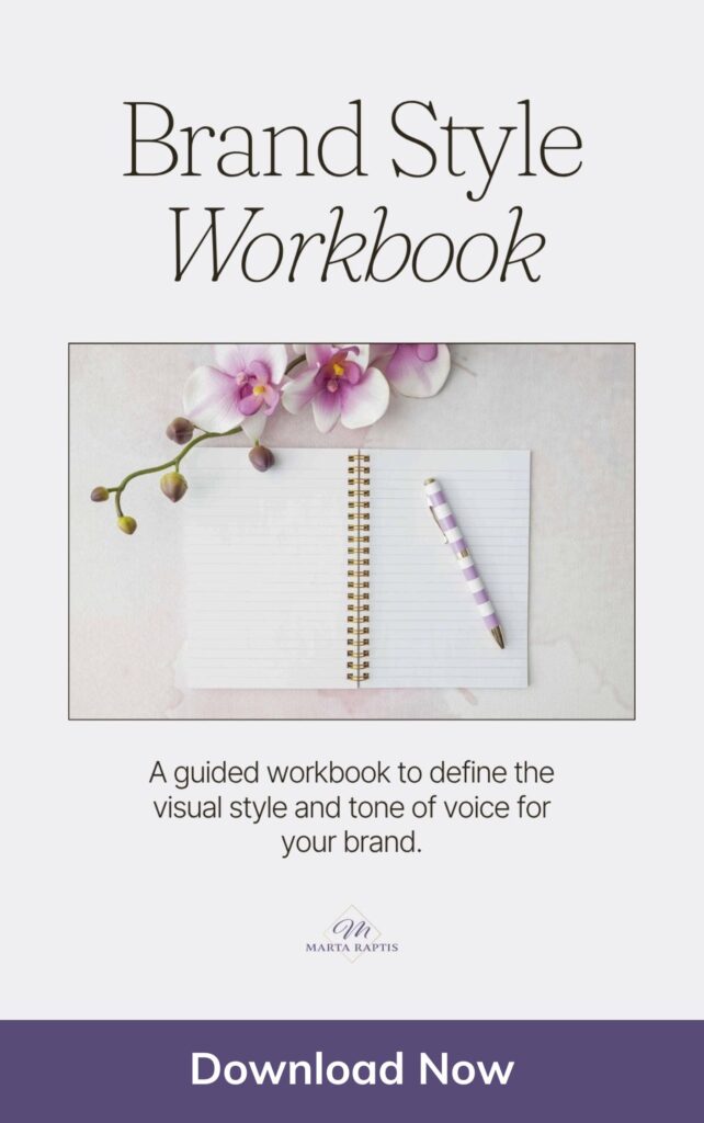 Brand Style Workbook cover with orchid and notebook on soft lavender background – Marta Raptis Creative Education
